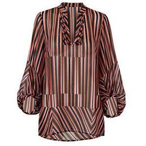 cabi blouse -- Geo Stripes -- Orange/White/Black/Green -- Large